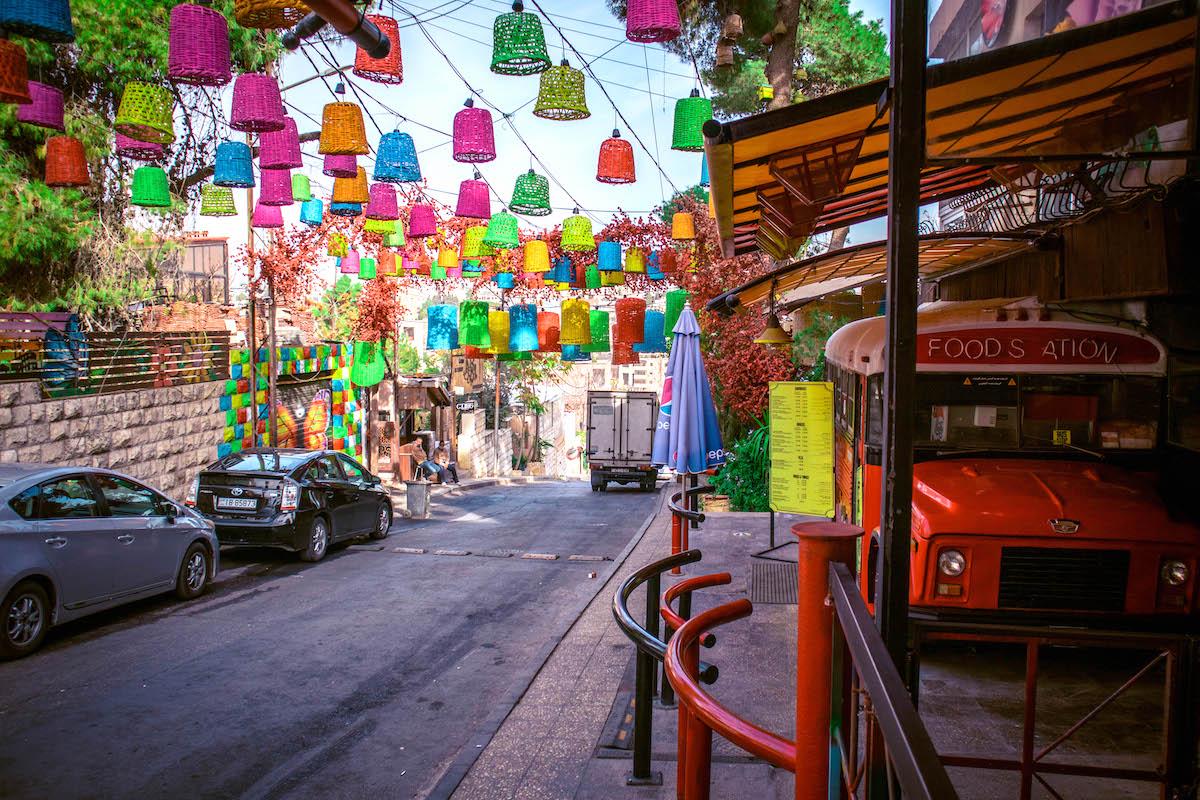 amman rainbow street, colorful street amman, amman street art