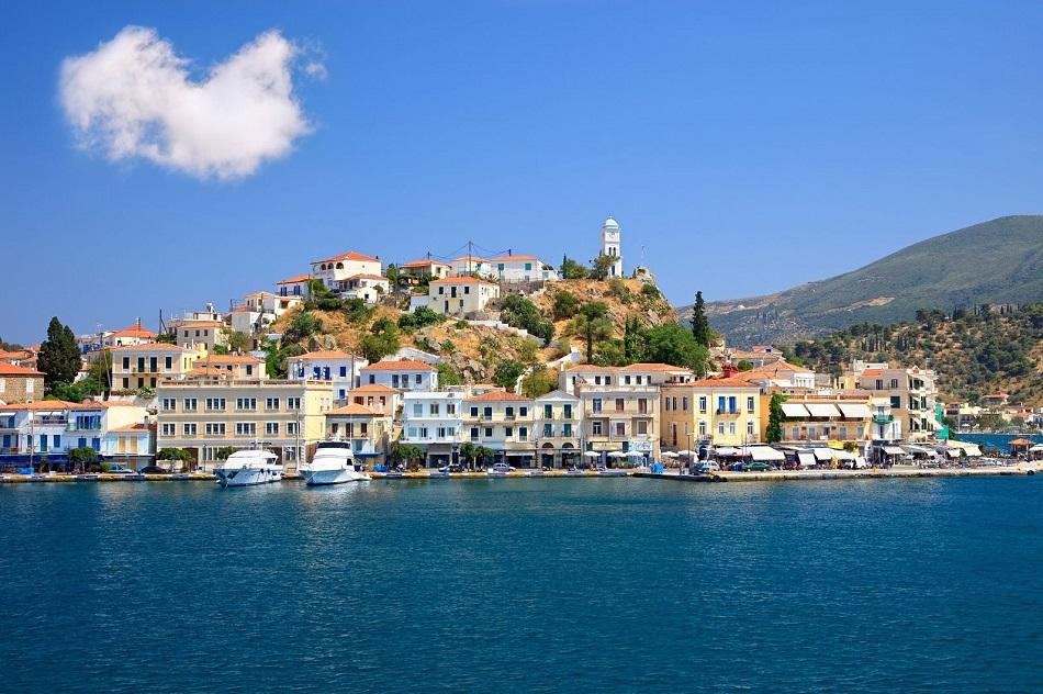 Poros front view - colorful Greek houses