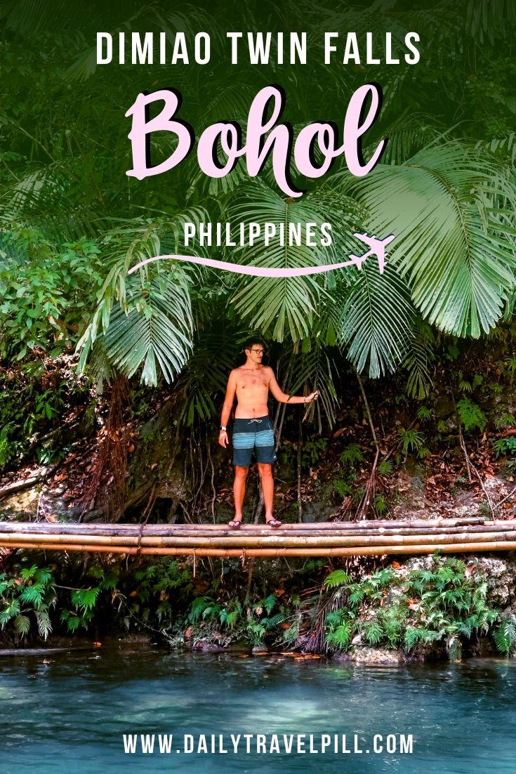 Man at Dimiao Twin Falls on a bamboo bridge in Bohol