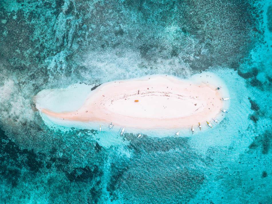 Drone shot of Naked Island in Siargao, the Philippines