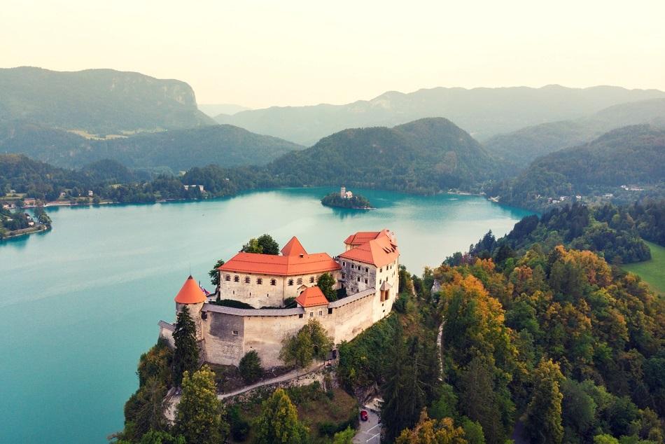 Aerial view over Castle Bled